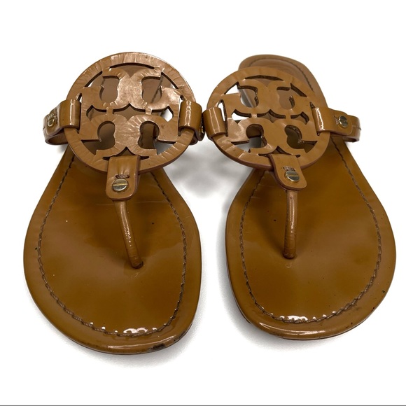 ❎ SOLD Tory Burch Miller Sandals Patent Leather Tan Brown Size 9 - Picture 4 of 14